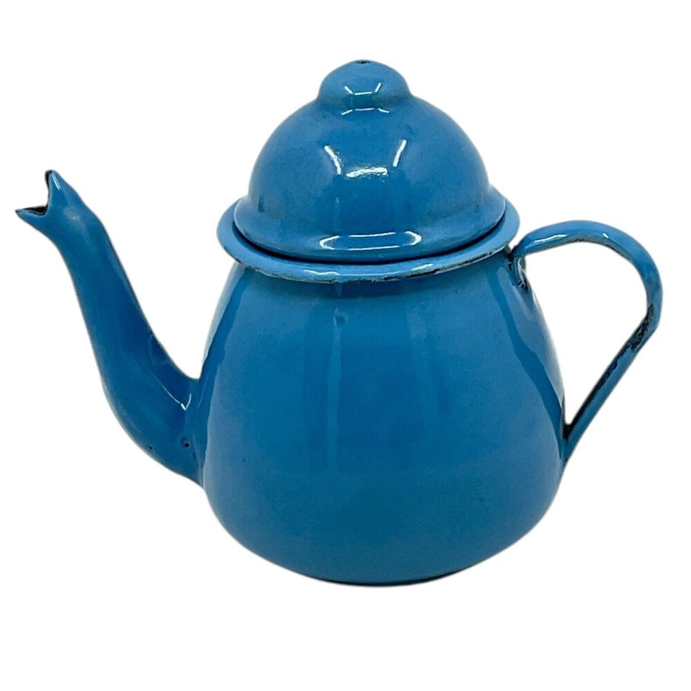Vintage Robins Egg Blue Graniteware Toy‎ Teapot Goose Neck Kettle 3.5 Inch Lid